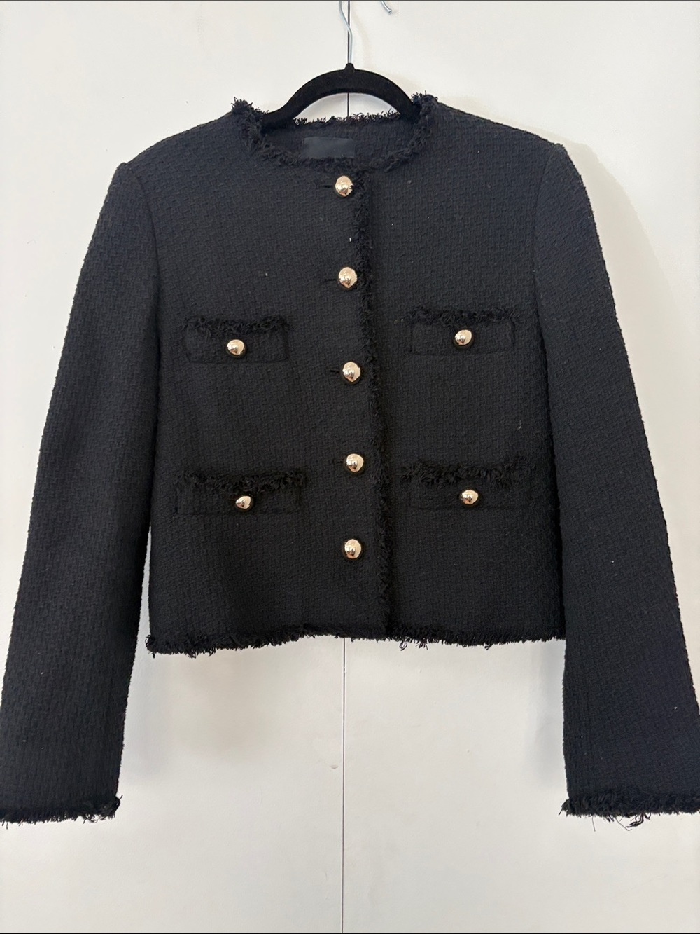 Mango Black Bouclé Cropped Blazer with Gold Buttons